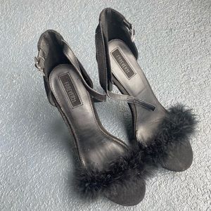 black fluffy heels